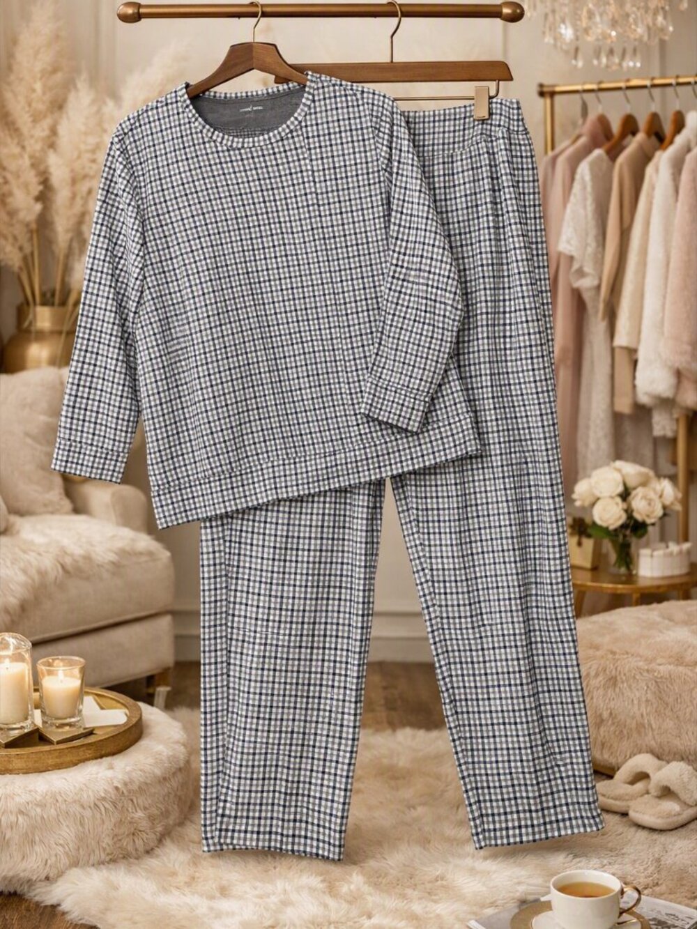 Lands End Two‑Piece Lounge Sweatsuit Pajamas Casual Set Plaid Houndstooth Brown